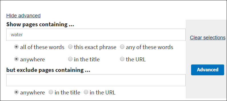 Screenshot of options for EPA advanced search
