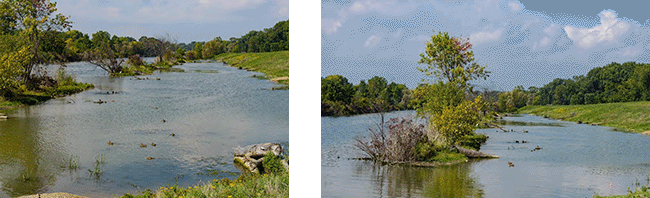 Photo of Two stable habitat areas created in the Clinton River Spillway. These areas contain repurposed sediment from the spillway and added vegetation takes up potential pollutants.