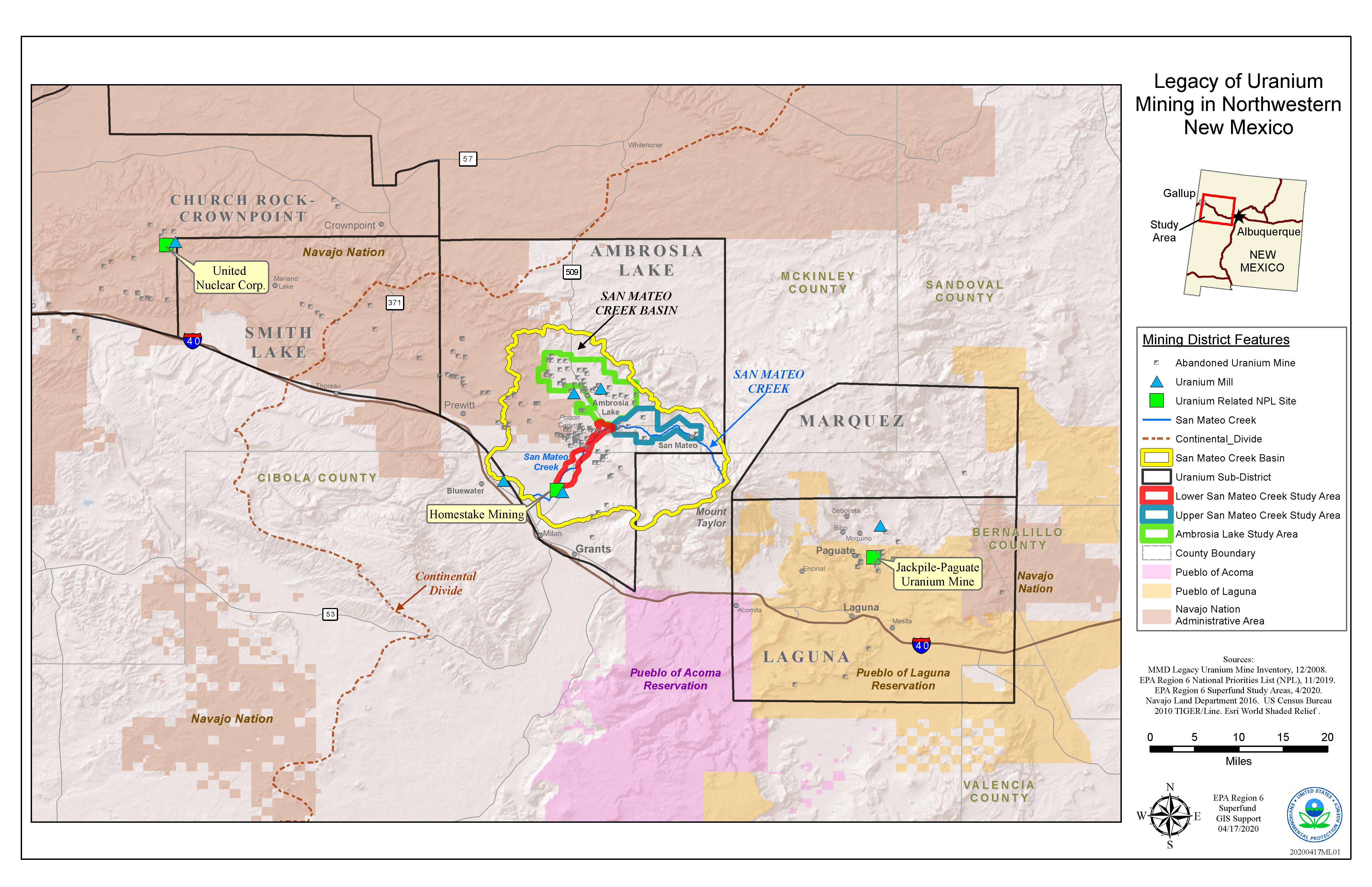 Map depicting the Grants Mining District. The GMD runs from the southeast corner of the Navajo Nation south and east into New Mexico along US Highway 40 through McKinley, Cibola, and Bernalillo counties. 