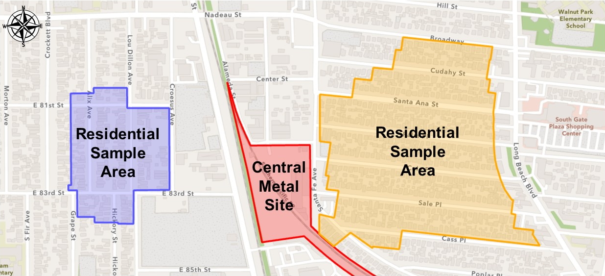 The Residential Sample Area to the left of the Central Metal site is located in the Florence-Firestone neighborhood. Most of this residential sample area is bounded by East 81st Street to the north, East 83rd Street to the south, Crockett Boulevard to the west, and Croesus Avenue to the east. The Residential Sample Area to the right of the Central Metal site is located in the Walnut Park neighborhood. Most of this residential sample area is bounded by Broadway Avenue to the north, Cass Place to the south, Santa Fe Avenue to the west, and Long Beach Boulevard to the east.