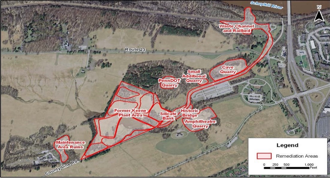 Aerial map with overlay showing remediation areas at what is now Valley Forge National Park