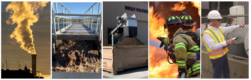 Five photos (Left to Right): Water steam out of a stack, wastewater plant, solids from wastewater treatment plant, two fire fighters fighting a fire, man with hard hat and clipboard inspecting