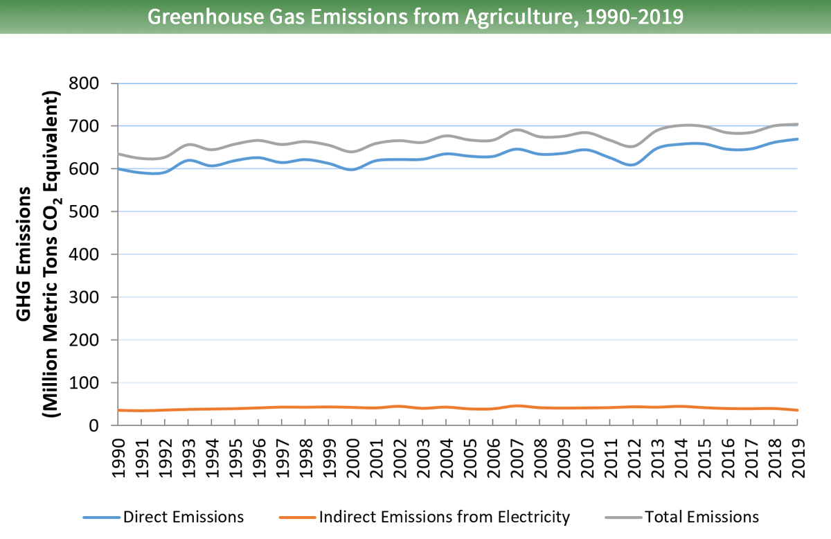 Line graph of greenhouse gas emissions from agriculture for 1990 to 2019. There are three lines - for total emissions, direct emissions, and indirect emissions from electricity. Total and direct emissions trend upwards; indirect stay roughly constant.
