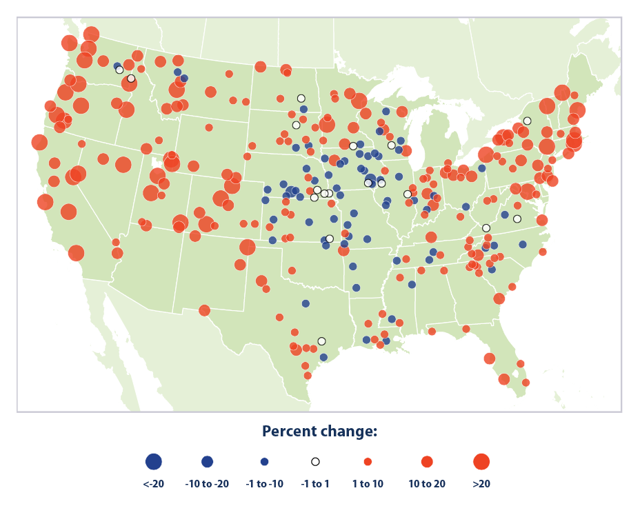 Map showing percent change in growing degree days in the contiguous 48 states between 1948 and 2020.