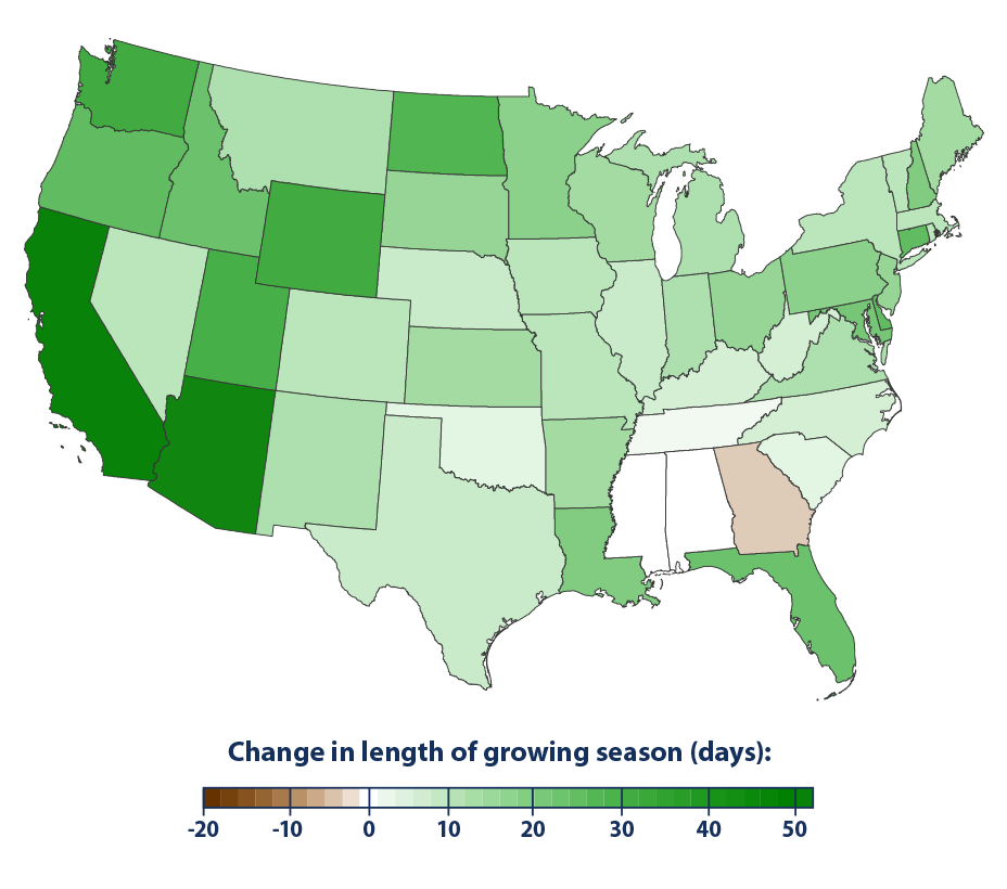 Change in Length of Growing Season by State, 1895–2020 Map showing the changes in the length of the growing season for the contiguous 48 states from 1895 to 2020.