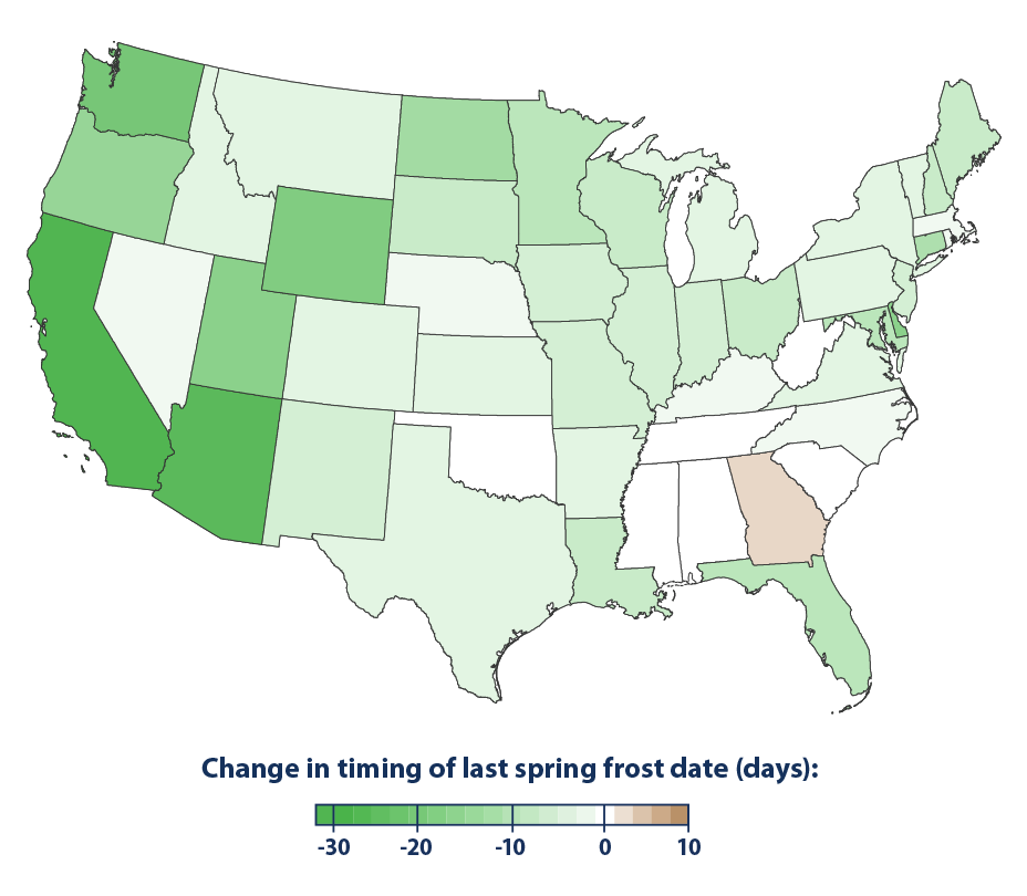 Map showing the changes in timing of the last spring frost for the contiguous 48 states from 1895 to 2020.