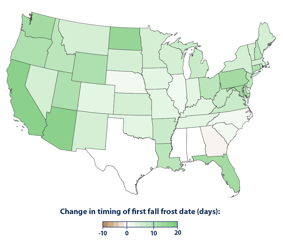 Map showing the changes in timing of the first fall frost for the contiguous 48 states from 1895 to 2020.