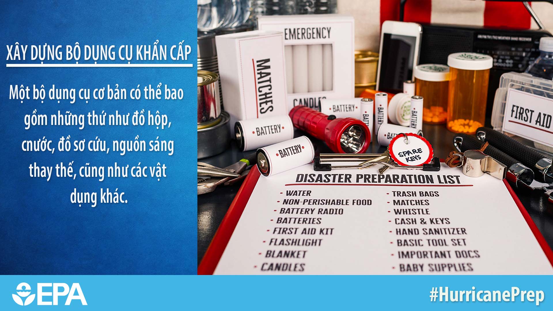 Text and photo of key items to build an emergency kit
