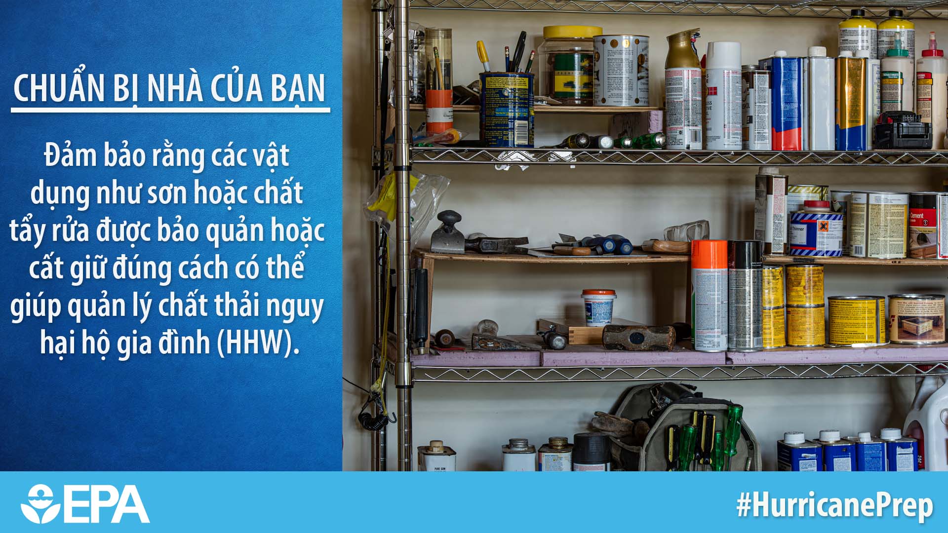 Vietnamese text and photo of shelves full of household cleaning products and goods
