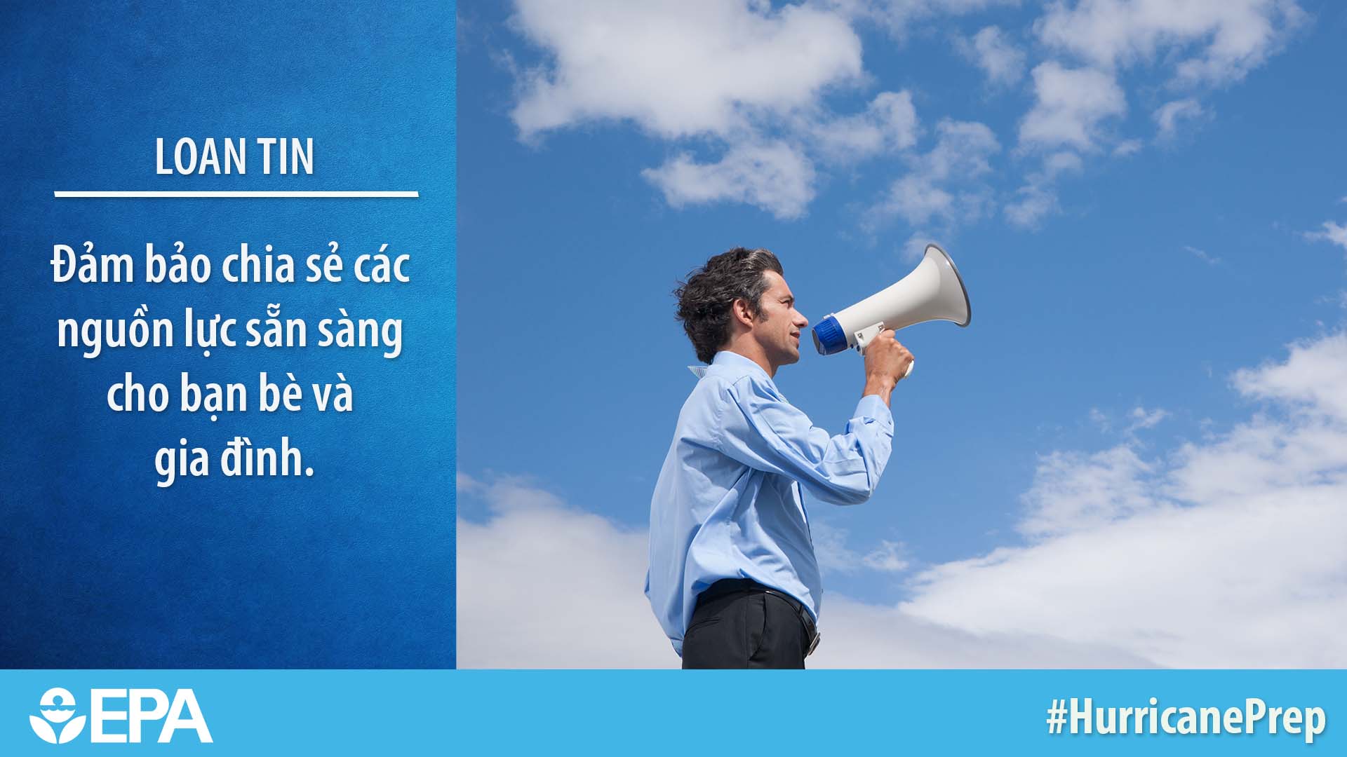 Vietnamese text and photo of a man outside speaking through a megaphone