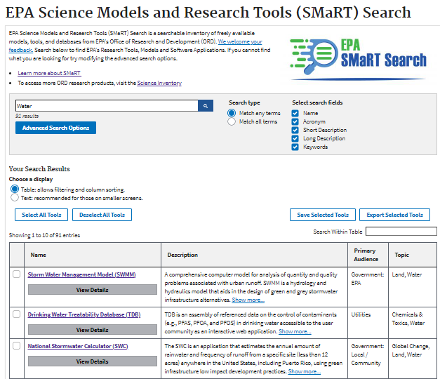 The SMaRT Search homepage, "water" is being searched, the first result is the Storm water Management Model, SWMM
