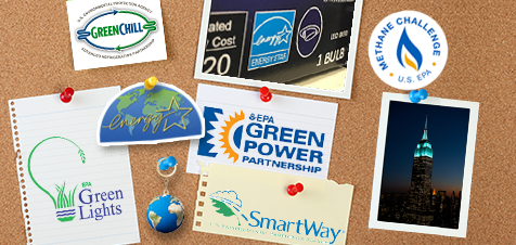 Bulletin board with pictures of EPA program logos