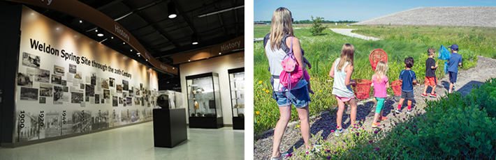 One photo of a photo display in an exhibit, and one phot of children walking outside on path surrounded by vegetation.