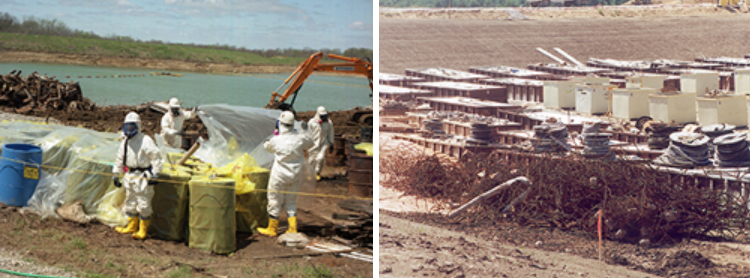 Two photos showing the removal of contaminated bulk waste from the former quarry and chemical plant sites.
