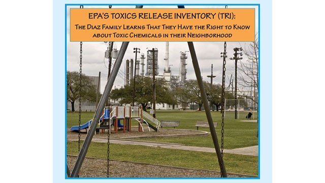 EPA's Toxics Release Inventory (TRI) - The Diaz Family Learns That They Have the Right to Know About Toxic Chemicals in Their Neighborhood - Image of a playground with swings and a jungle gym. In the foreground, right behind some houses, there is a factory. 