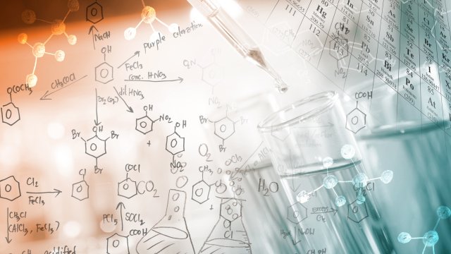 Image of pipette and chemical testing tube with chemical figures written in background and a corner of the periodic table also showing.