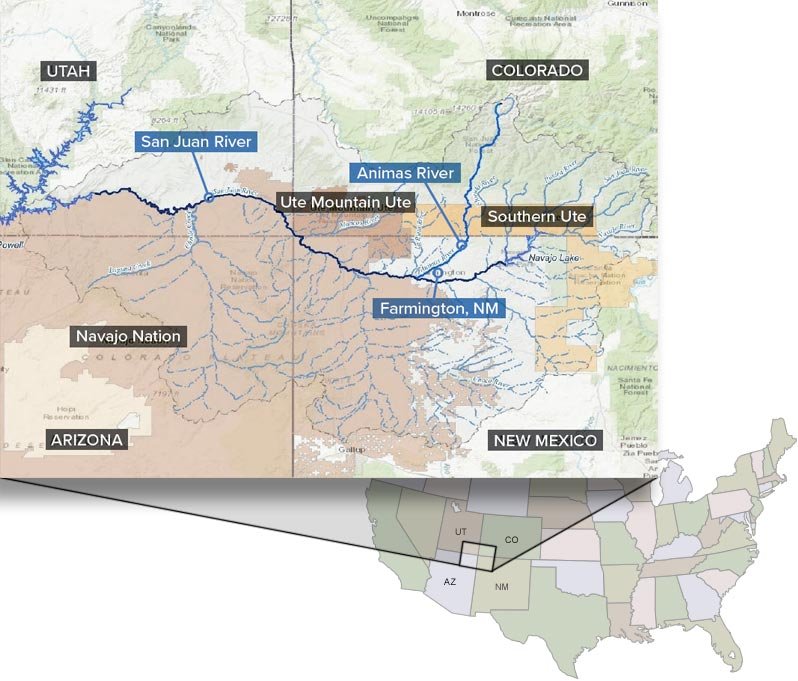 map showing San Juan watershed general area in CO, NM, AZ, UT