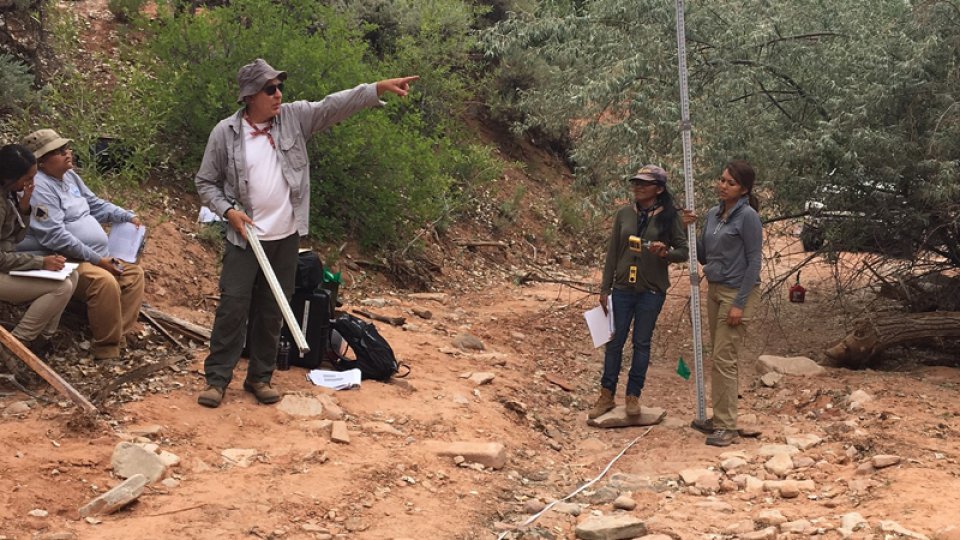 Dr. Block is pointing to the distance while two interns are carrying a tall pole.
