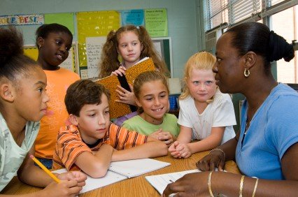 Teacher with students in a classroom