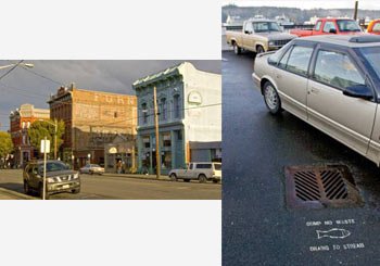 These photo's show a street road and parking lot with some water draining into a storm drain.