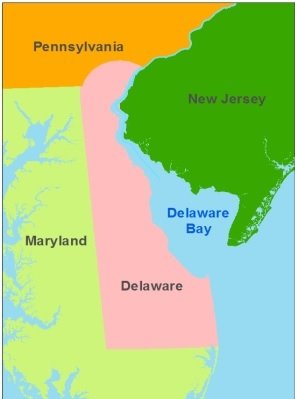 A map showing the Delaware Bay and parts of the states of Pennsylvania, Maryland, Delaware, and New Jersey that surround it.
