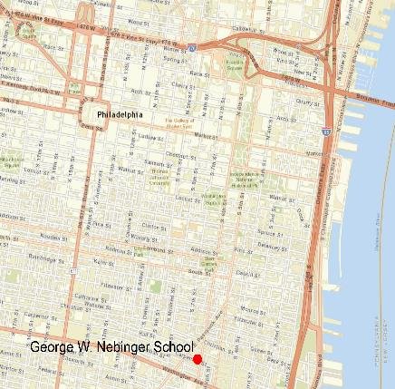 A map of Philadelphia Pennsylvania highlighing the George W. Nebinger school.