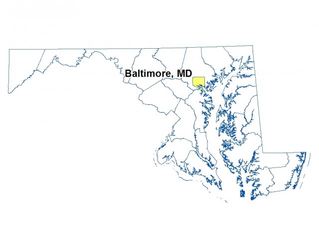 A map of Maryland highlighting the location of Baltimore