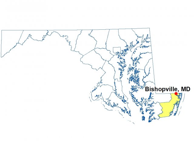 A map of Maryland highlighting the location of Bishopville