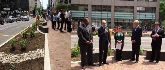(Left) A picture of the rain garden installed along a street. (Right) Jon Capacasa, EPA Mid-Atlantic Water Protection Division Director, speaking at the ribbon cutting ceremony.