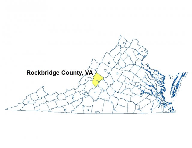 A map of Virginia highlighting the location of Rock Bridge County