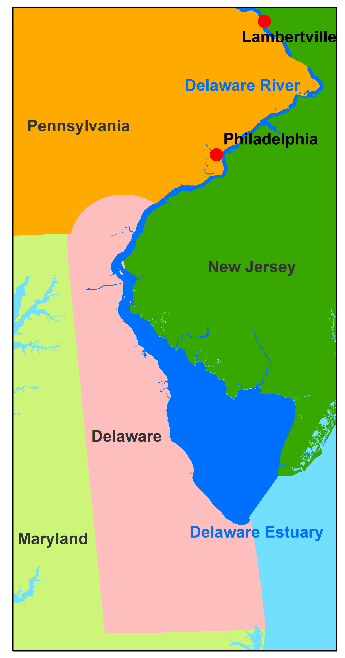 Map highlighting the location of the Delaware Estuary and Philadelphia, PA and Lambertville, NJ.