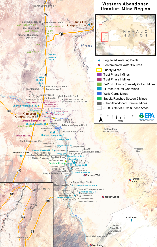 Map showing the Western Abandoned Uranium Mines Region Mines