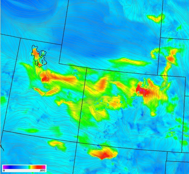Figure 5. Example surface ozone mixing ratio (shading; 0 -95 ppbv) and 10-m wind streamlines from the 4-km simulation of the Colorado DISCOVER-AQ campaign in July/August 2014.