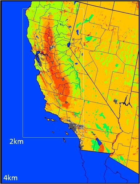 Depiction of the 4-km and 2-km WRF-CMAQ domains (terrain height shown in meters) used to simulate the DISCOVER-AQ campaign that took place in California in 2013.