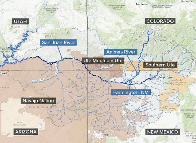 map showing the location of the San Juan River along the borders of Colorado, New Mexico, Utah, and Arizona