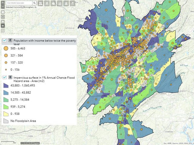 Examples of EnviroAtlas maps for Virginia Beach (top) and Birmingham (bottom) with demographic data overlaid.