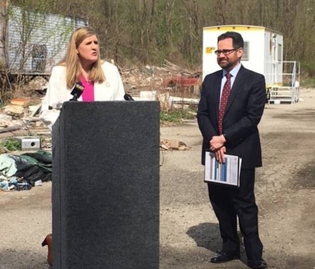 EPA Region 1 Administrator Alexandra Dunn and Connecticut Environmental Commissioner Robert Klee celebrate that the cleanup of the Raymark Industries Superfund Site in Stratford, Conn. will begin soon.