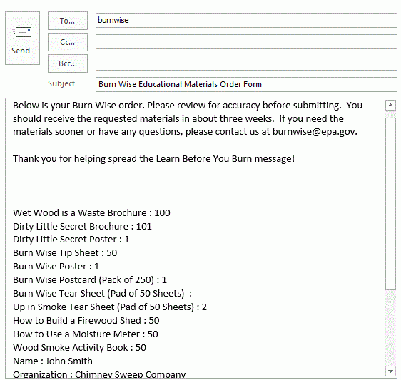 example burn wise order email