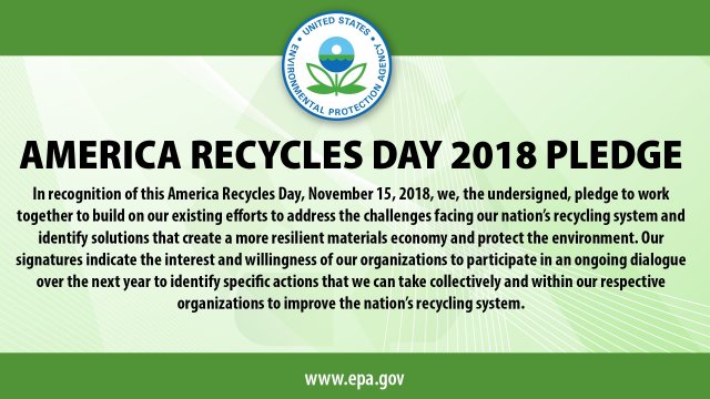 This is a photo of the America Recycles Day 2018 Pledge, signed by all 45 of the original participating organizations.