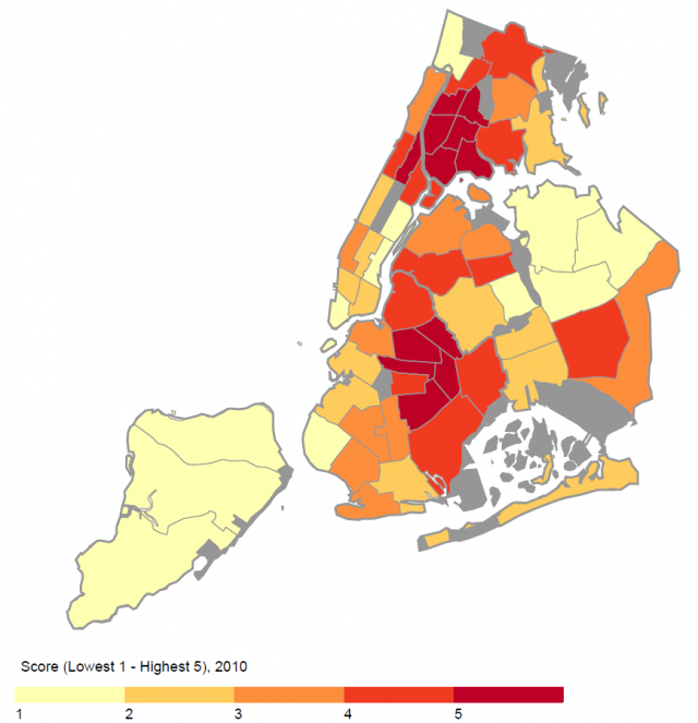 Map showing New York City buroughs ranging from yellow to deep red to indicate heat vulnerability from lowest to highest