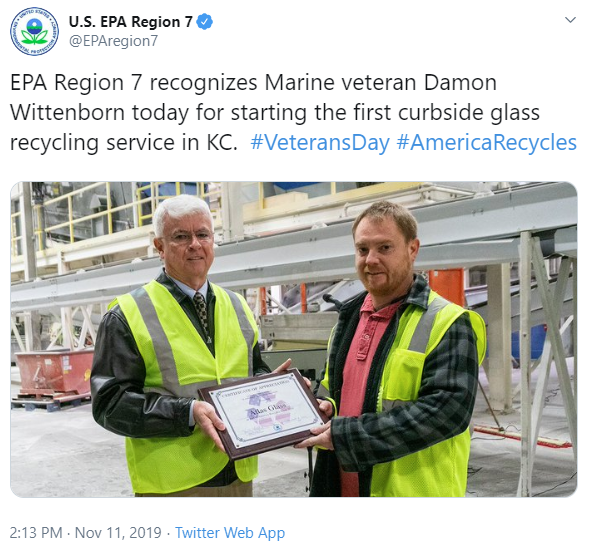 EPA Region 7 recognizes Marine veteran Damon Wittenborn today for starting the first curbside glass recycling service in KC. 