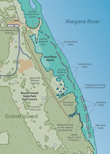 Map of Habitat Restoration Improvements to East River Marsh. Map courtesy of NYSPRHP.