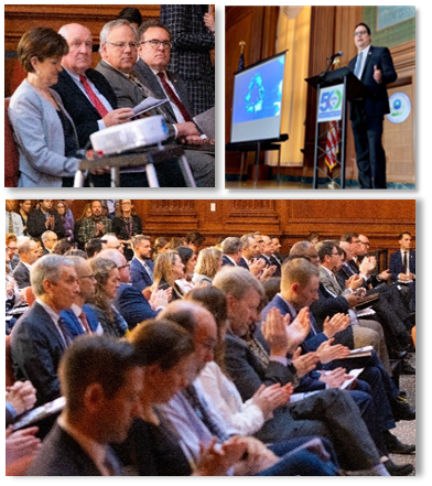 A photo collage of three pictures: (1) Cabinet-level officials sitting in a row at the launch event. (2) AA Dave Ross speaking at event. (3) An audience of seated professionals in business attire at event.