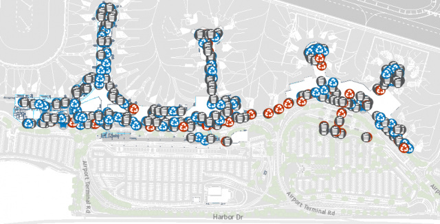Map of the many recycling and waste collection locations at San Diego International Airport