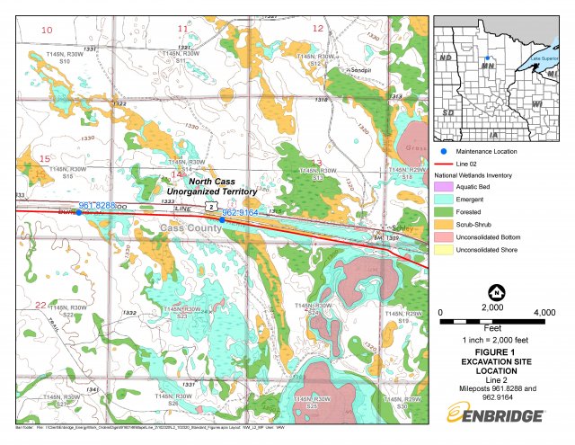 map of Enbridge Line 2 Excavation Site Locations