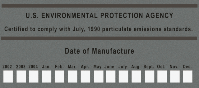 Label indicating a wood burning appliance is EPA certified