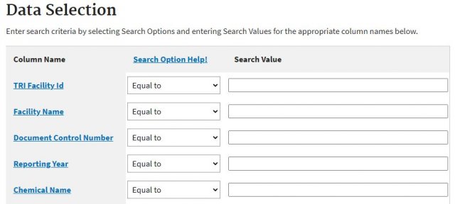 Data selection within Envirofacts TRI Form R and A Download tool