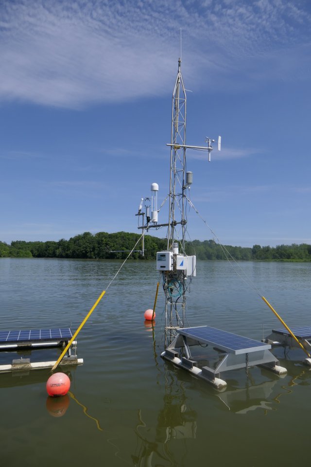 The “Flux Tower” that monitored methane emissions in Acton Lake from 2018-2019. All the eddy covariance instrumentation was set up in the middle of the lake on this aluminum tower, powered by floating solar panels and a battery bank.