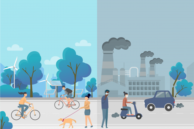 Image of city with people and good and bad air quality