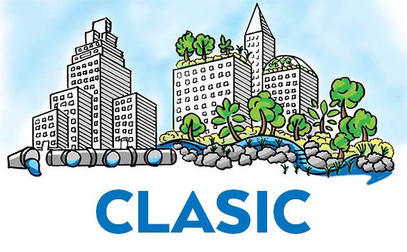 Scene of buildings with green roofs and trees and a water pipe in the front with the word CLASIC at the bottom.
